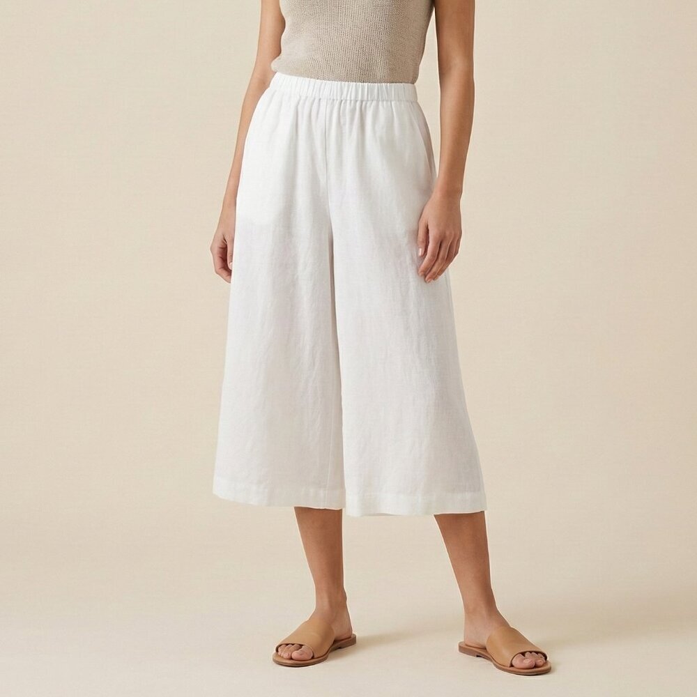 Eskandar Linen Cropped Pants White Wide Leg Elastic Waist Lagenlook Size 1